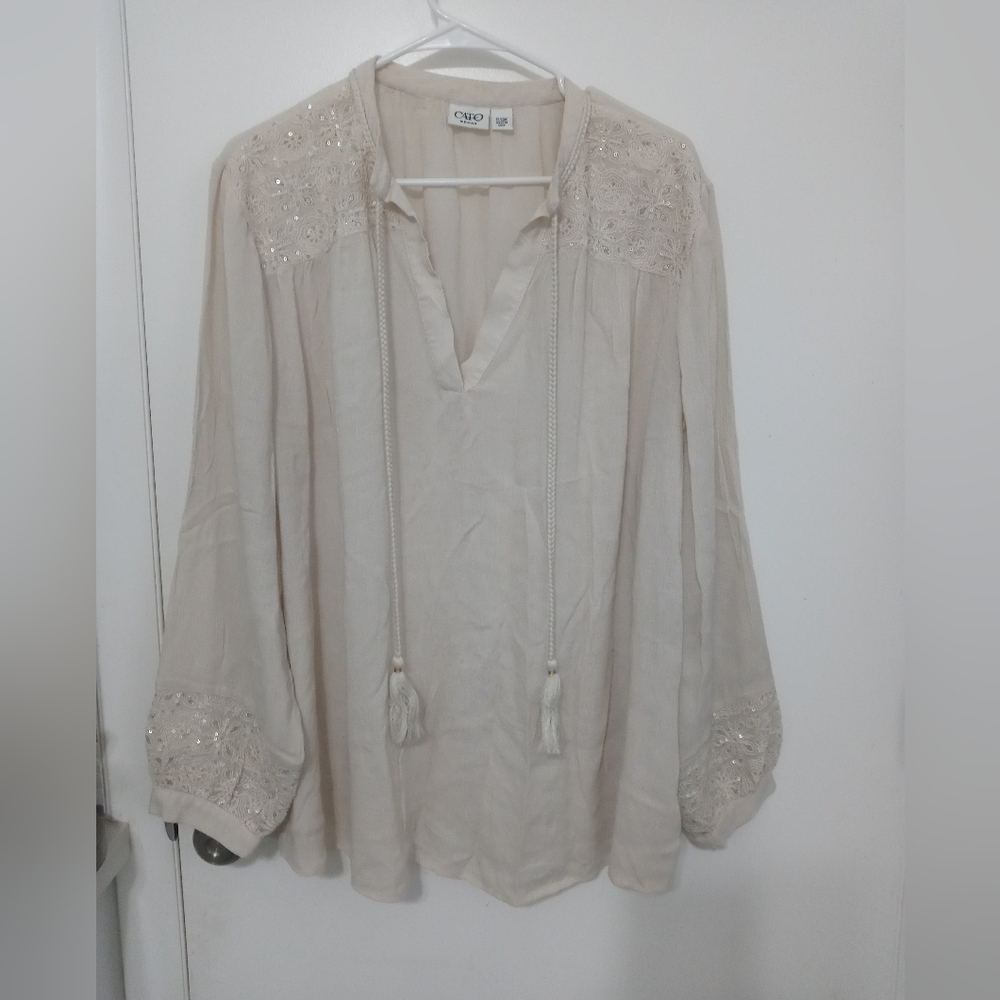 Cato Oatmeal long Balloon sleeve Blouse w Embroidered floral and sequin accents